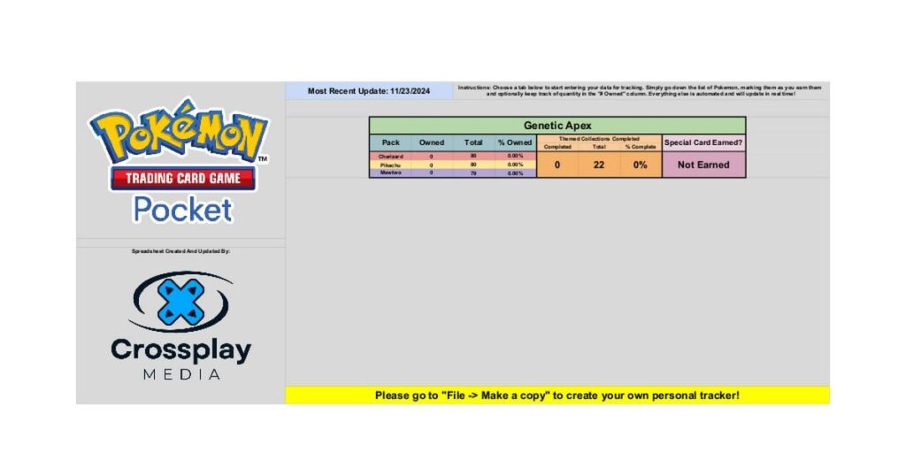 TCG Pocket Tracker Spreadsheet! - Includes Pack Picker, a Mew Card Helper and Themed Collections Tracking