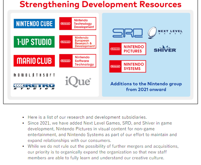 Nintendo shares updated development and research subsidiaries and reiterate their position about acquisitions