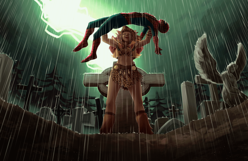 [OC] What if the Pokémon and Spider-Man universes merged? Sada the Hunter faces off against Spider-Man, Red. 🕷️⚰️⛈️