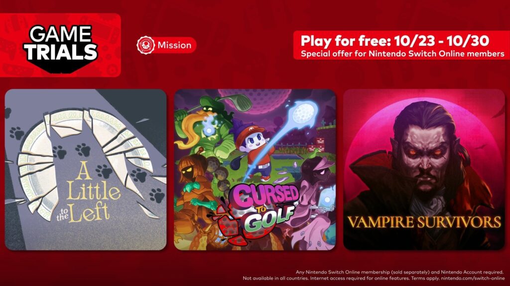 [NA] NSO free trials of A Little to the Left, Cursed to Golf, and Vampire Survivors run Oct 23-30