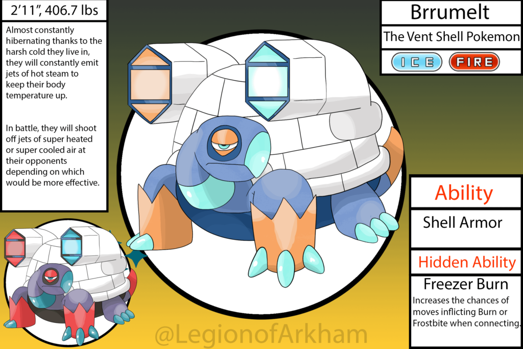 Hot Or Cold, This Sleepy Pokémon Is Ready To Battle. Based on Marginated Tortoises, AC/Heaters, and Brumation.