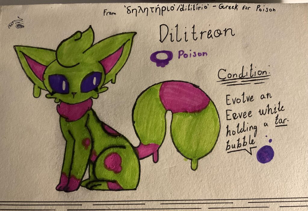 Here’s my own take on a poison-type Eeveelution, who I dub, Diliteon