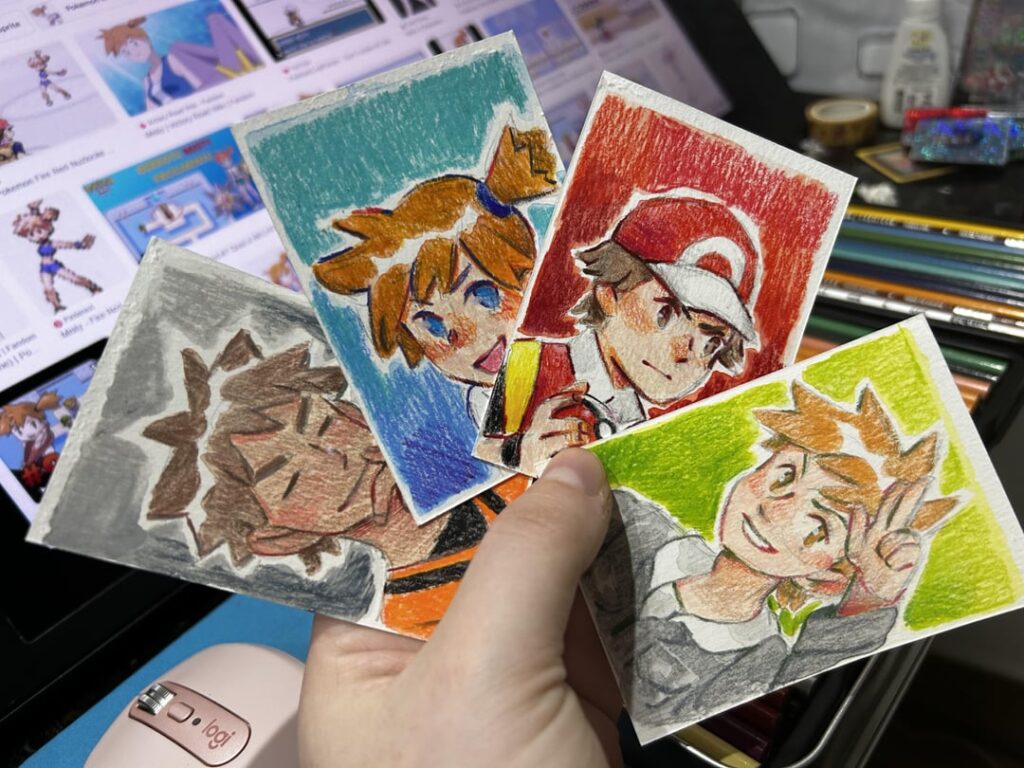 I’ve made some little cards of Pokemon Trainers to try out new color pencils set
