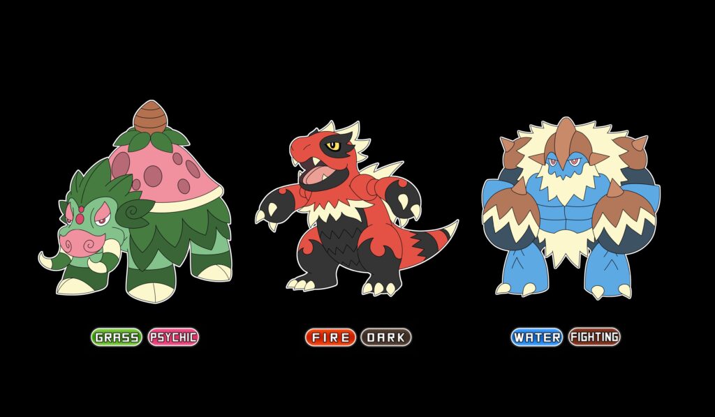 Final evolved starters for my Southwestern US region- Boaroma, Eruptile, and Crawsader! Who are you choosing?