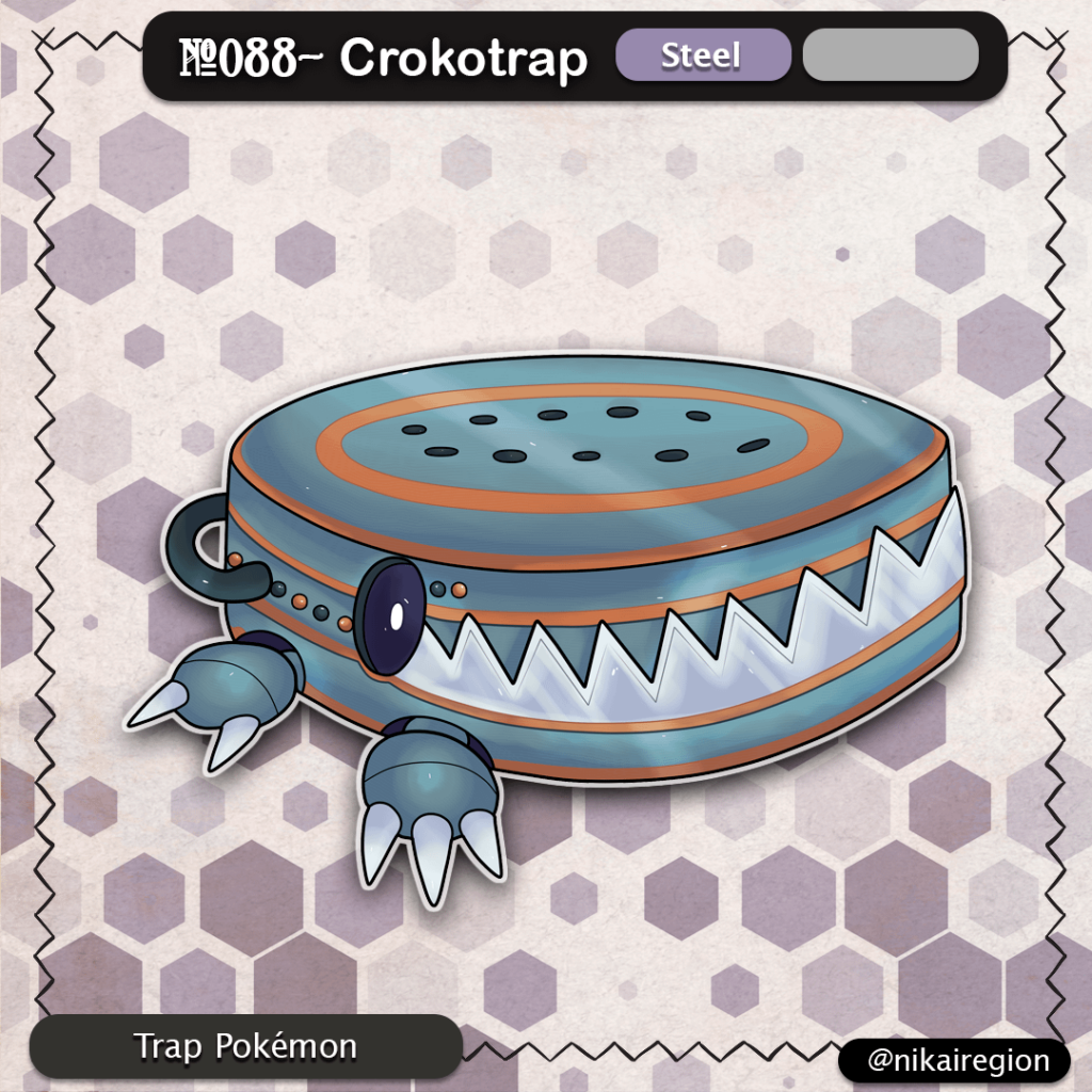 Waniguchi Pokemon - Steel Crocodile - Bear Trap/ Shrine Bell Fakemon - Japanese Pokemon Region - @nikairegion