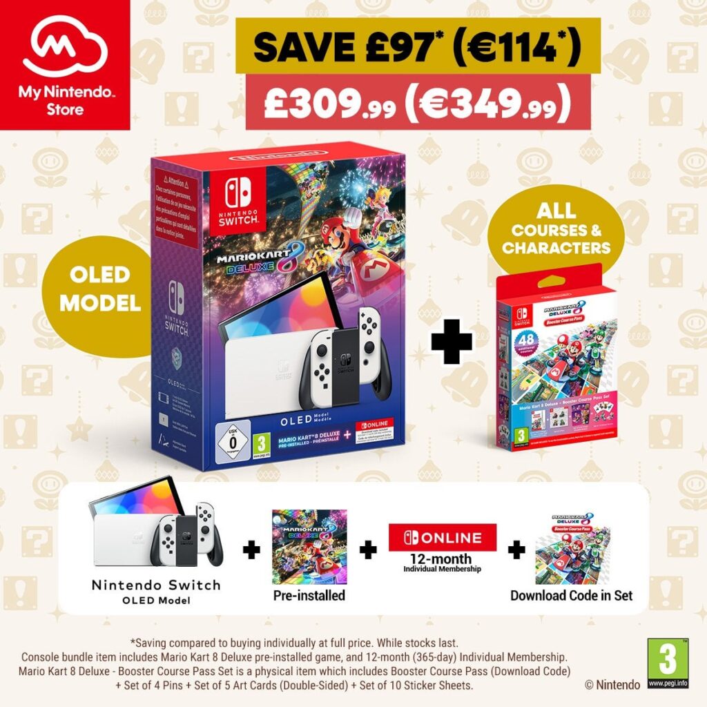 [My Nintendo Store EU] Get a Nintendo Switch – OLED Model (White) + Mario Kart 8 Deluxe pre-installed + Booster Course Pass Set + Nintendo Switch Online (12-month Individual Membership) for just £309.99/€349.99 - a saving of £97/€114 compared to buying individually.