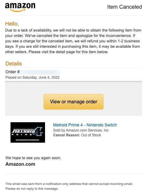 Amazon just cancelled my Metroid Prime 4 preorder!