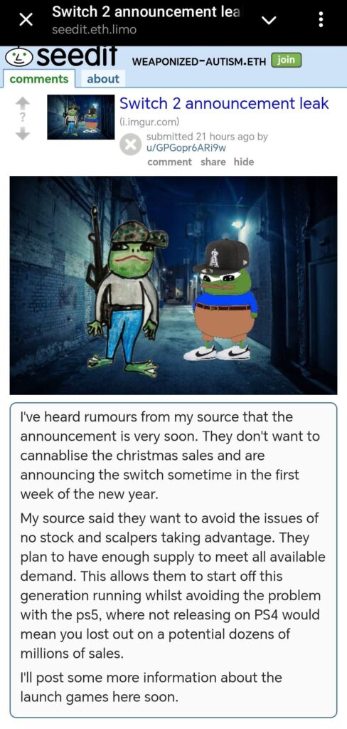 Yesterday, a poster on plebbit claims to have inside information about swtch2