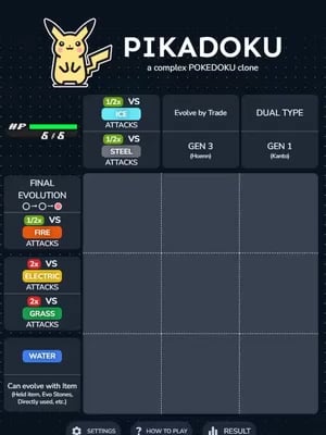 PIKADOKU - a more challenging version of Pokedoku that I made during the holidays. It has an HP system and new categories that are not in pokedoku such as gender ratio, and weakness to certain types. What do you guys think?