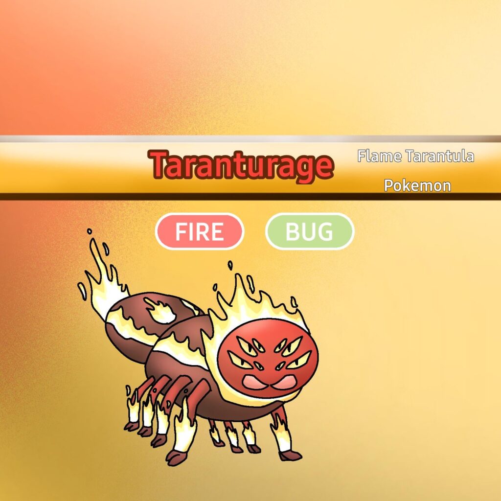One of my first Fakemon, Taranturage! It's a mid-stage Fakemon, I'll get around to drawing the other stages. I'm not very good at names and drawing Pokemon yet 😅