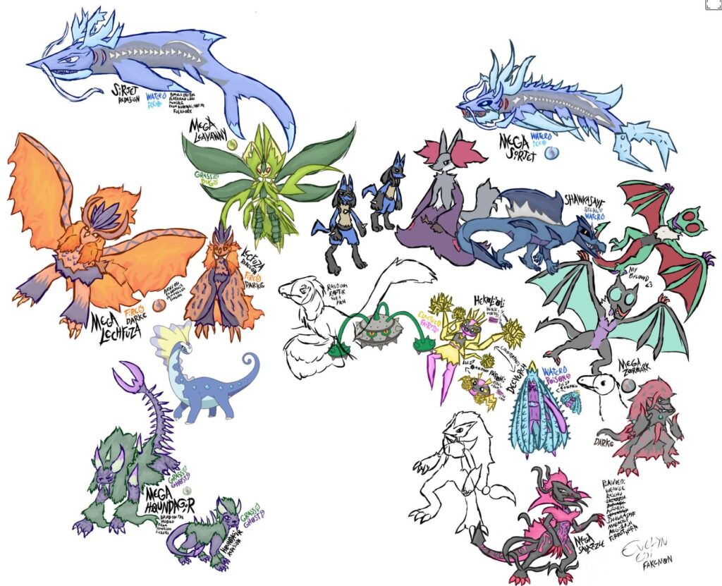 I designed some fakemons awhile ago, here's a somewhat old sketch sheet of some of them. I'll post more if y'all like it ^^