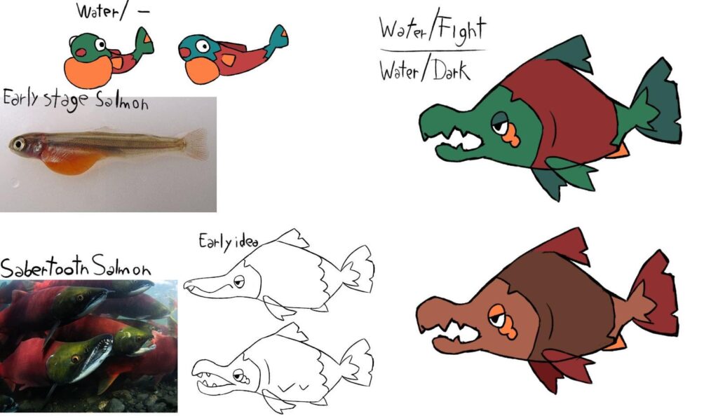 Sabertooth Salmon, possibly Water/Fighting or Water/Dark, missing a secondary concept