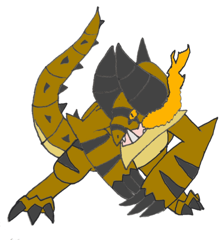 My new fakemon. The original inspiration is a thorny devil.  their a dragon/fire type and the final stage is the raging dragon pokemon. I was hoping some of you could help me come up with names for the 3 stages because I cant think of anything I like. Draking is all iv come up with for the final evo