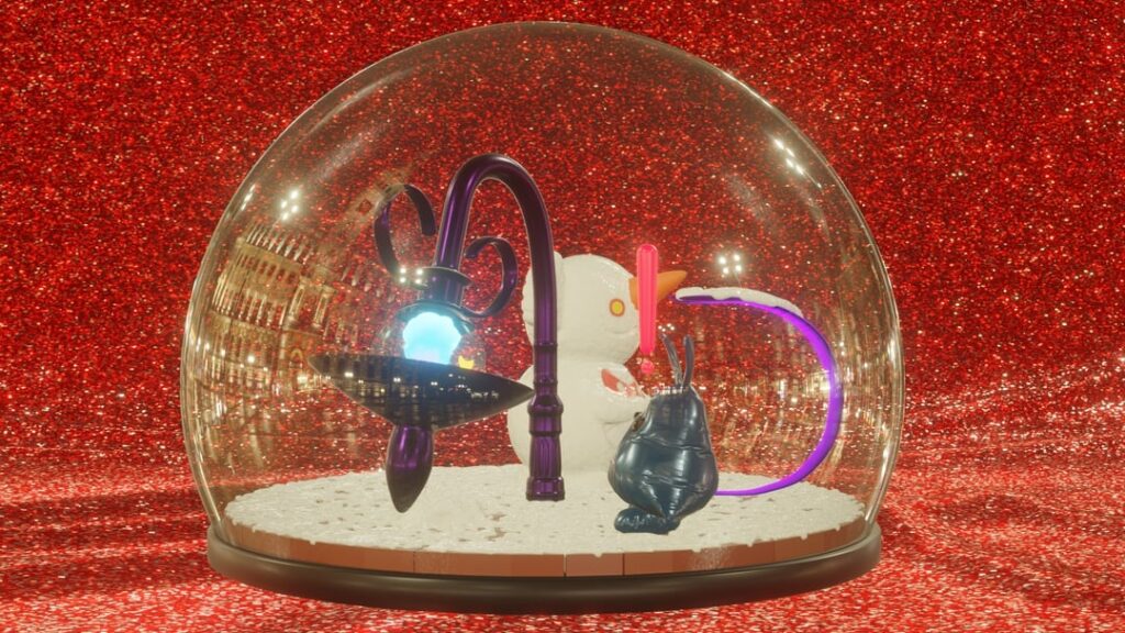 I made a 3D concept of a pokemon snowglobe... I had to fuse mimikyu and trubbish because I got issues with their models
