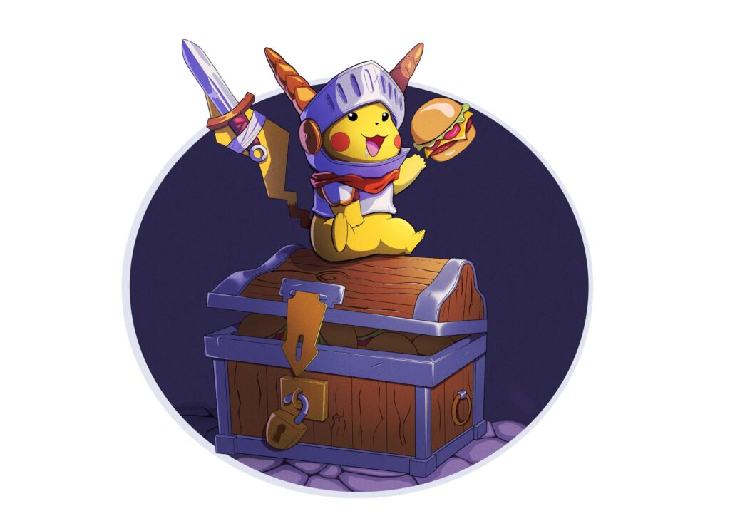 I made an art of Pikachu as a knight/adventurer, I hope you like it, besides hamburgers, what else could be in his chest?