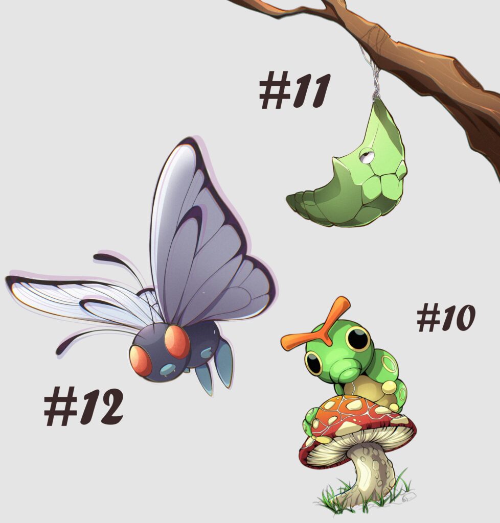 Caterpie, Metapod and Butterfree, instead of uploading individual drawings, I will upload them in evolving groups XD (OC)