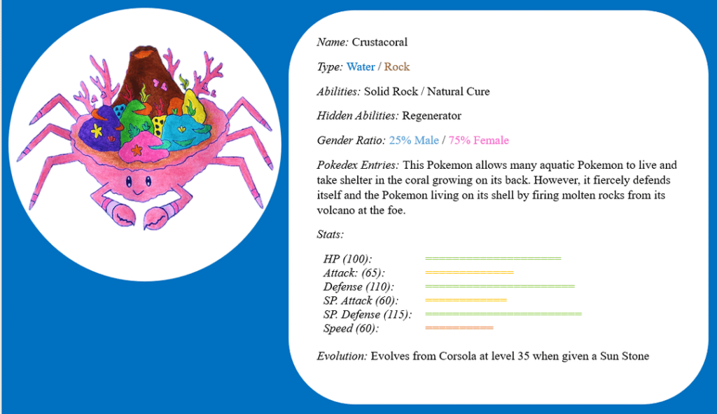 Corsola evolution! (Kinda wierd, i know) based on decorater crabs, coral reefs, volcanoes, volcanic coral islands and spider crabs. sorry abt the pic quality it was hand-drawn
