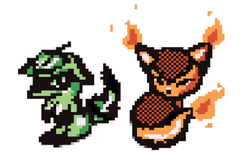 Some Gen 1 sprites of 2/3 my starters (I'm kinda struggling coming up with a water starter so if you have any ideas I would appreciate them)