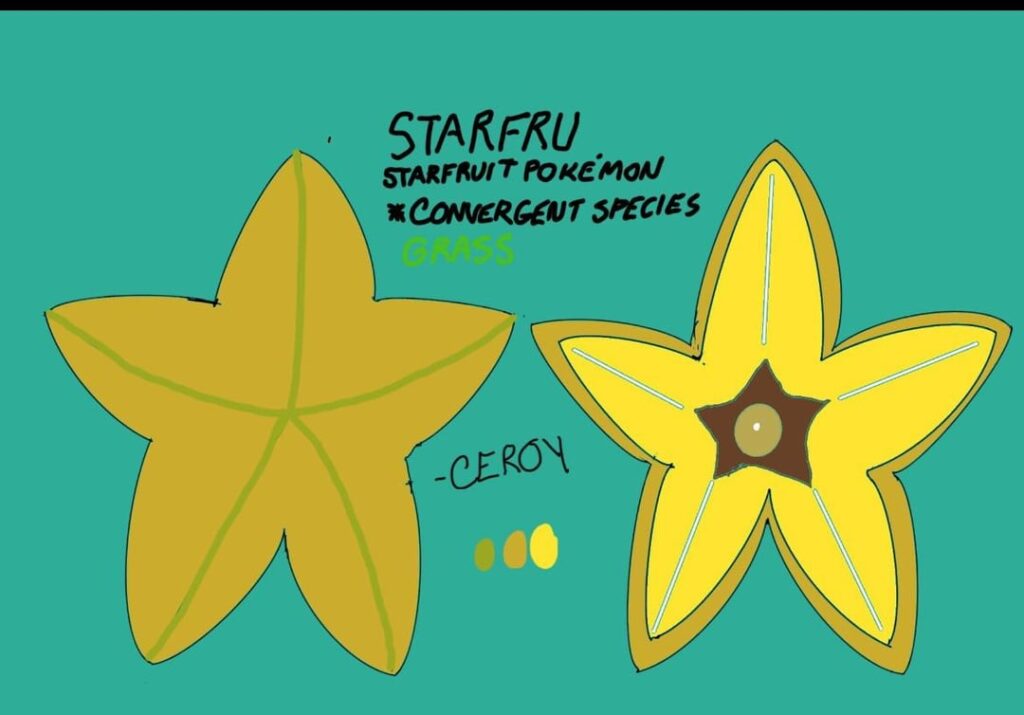 Here’s my convergent staryu/Starmie line. Meet Starfru and Starsweet. The starfruit Pokémon!