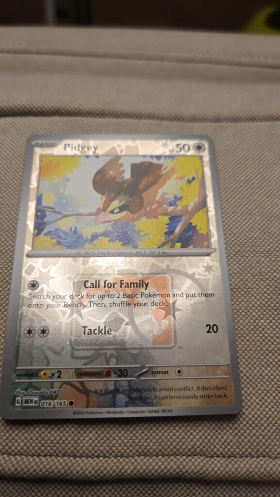 Beautiful stamped pidgey prize from tonight's game at my local TCG store.