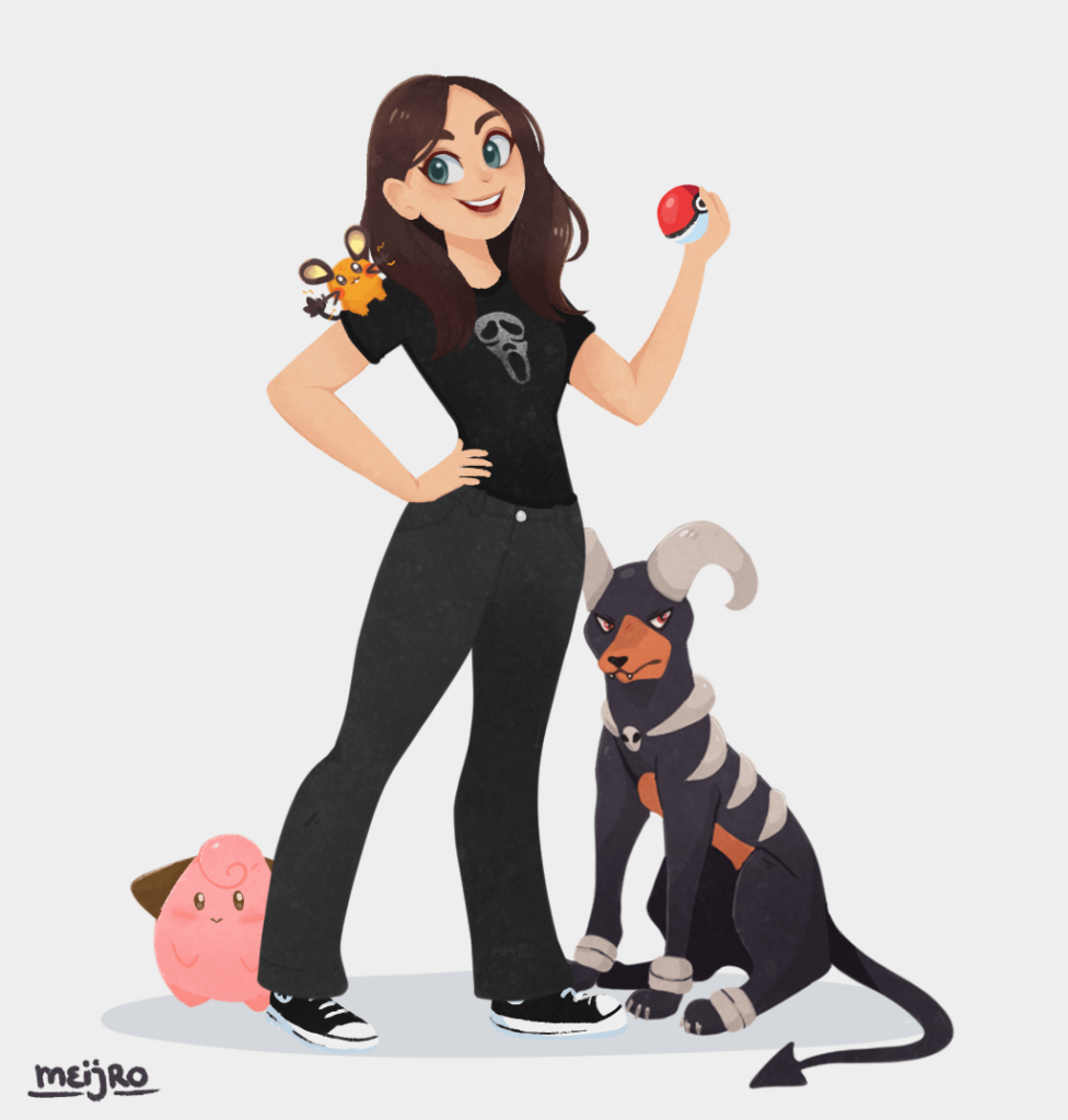 I drew myself and 3 of my favorite Pokemon!