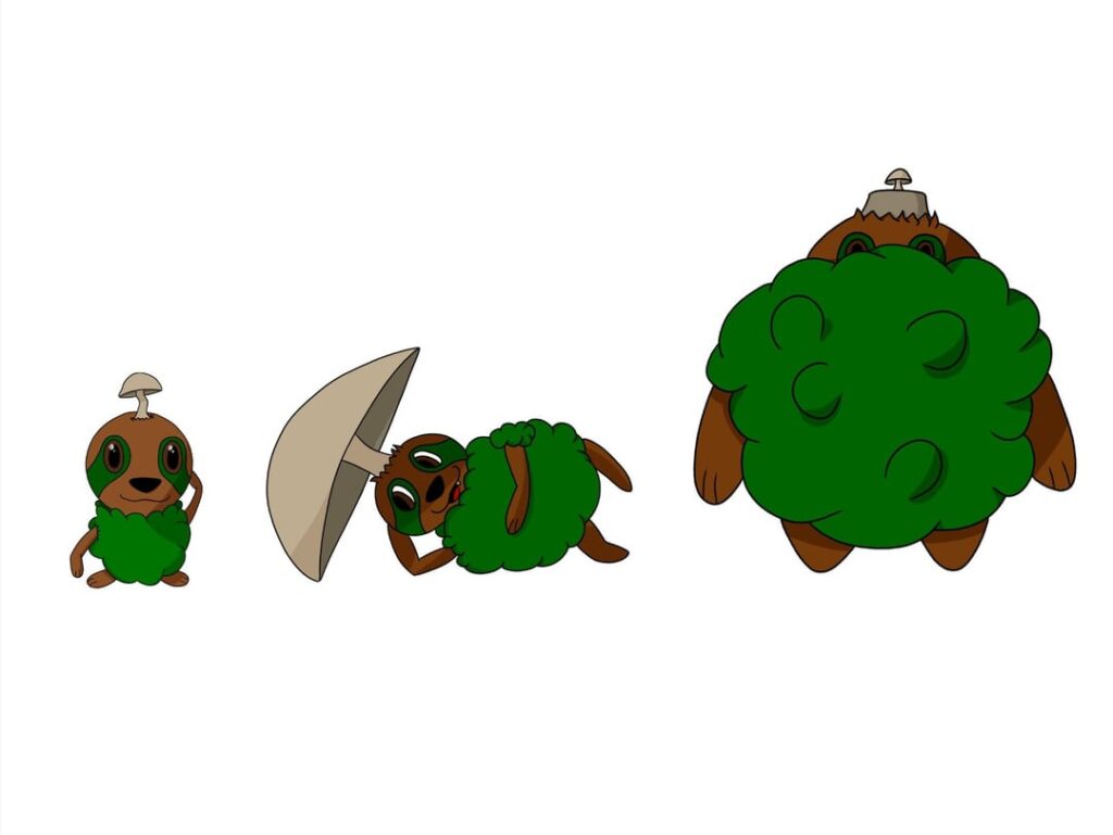 My first evo line! Not much concept except sloth-mushroom-grass type 😅