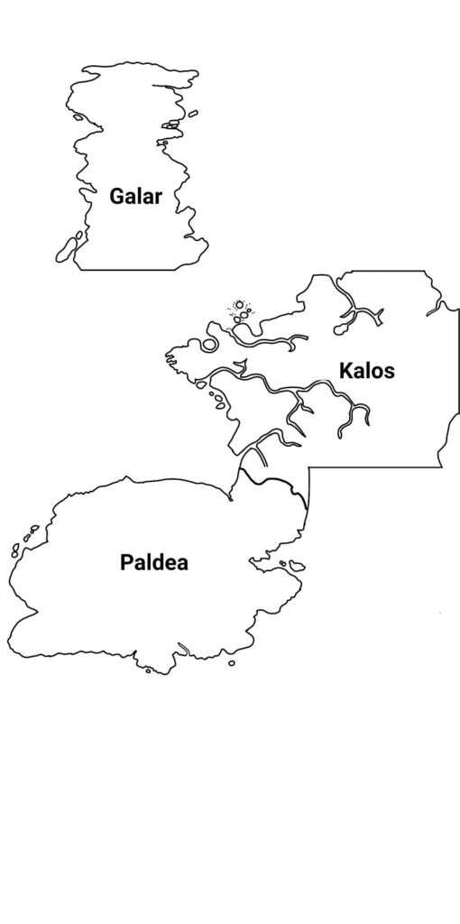 (attempt) Map of the Galar, Kalos, and Paldea regions respectfully.