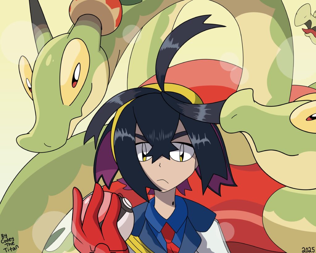 [OC] Fan Art I made of Kieran and his Pokemon Hydrapple.