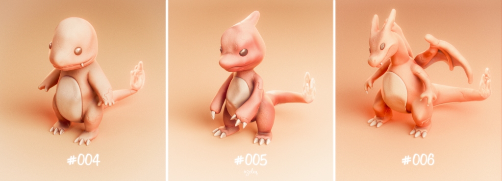 [OC] I modeled lil Charmander evolution line in Zbrush and Blender 🧡