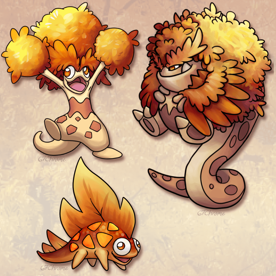 Derpsnorf, Peppsnorf, and Grumpsnorf, the Fire+Grass Types by 67chrome