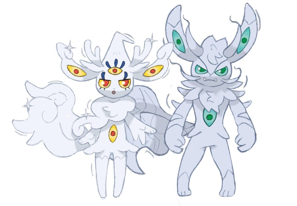 male and female meowstic gimmick forms for my icelandic fakemon region