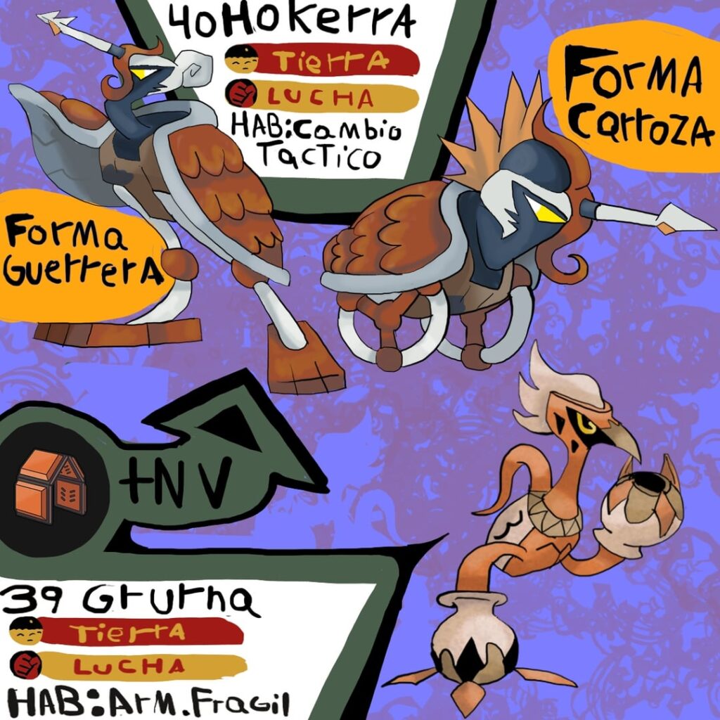 Hice a un par inspirado en las grullas y en la Terracota (urnas y guerreros) y le puse la habilidad de aegislash 🤙