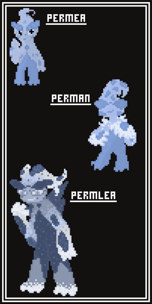 The permean line! A physic ice type line based on permafrost and awkward teen years, criticism welcome! (I did these ages ago and forgot the middle ones name so hes called perman now suggestions welcome for better names too lol)