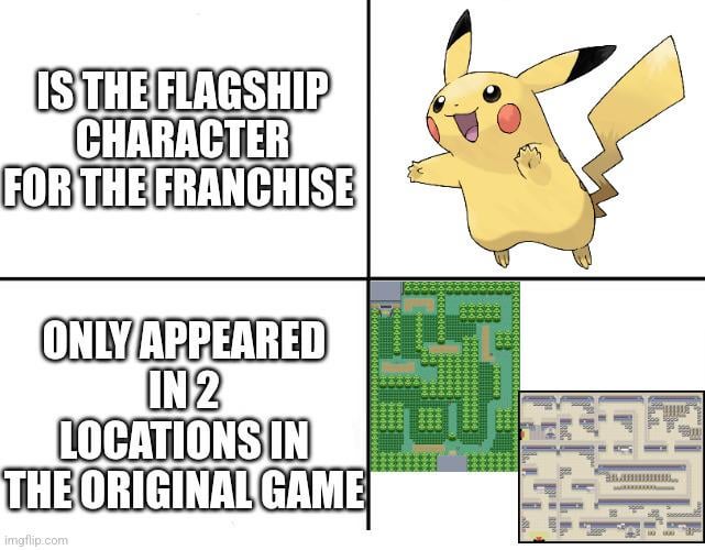 One thing I love is that while Pikachu is the flagship character of Pokemon it only appeared in 2 locations in the original Red and Blue games