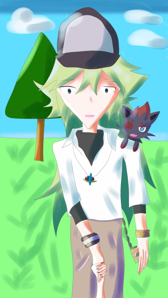 'Let's go out for a walk,' says N. Here's my drawing of N along with Zorua.