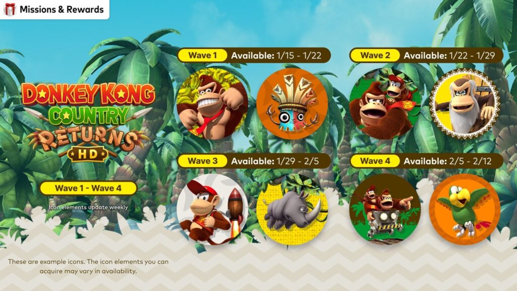 Redeem your My Nintendo Platinum Points to collect custom icons from Donkey Kong Country Returns HD, available until 2/12 at 5pm PT. Icon elements will be refreshed each week.