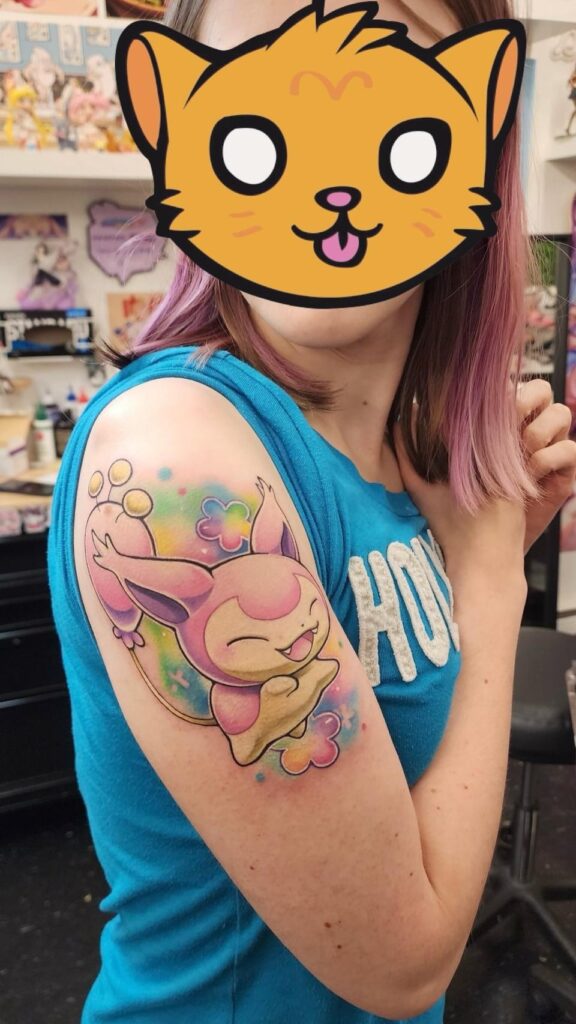 My Skitty tattoo from Vi at Chibi Tattoo in Montréal! 🩷