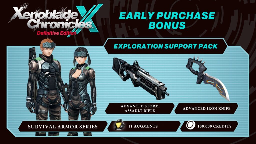 Jumpstart your adventure with the Exploration Support Pack, an early purchase bonus for Xenoblade Chronicles X: Definitive Edition.