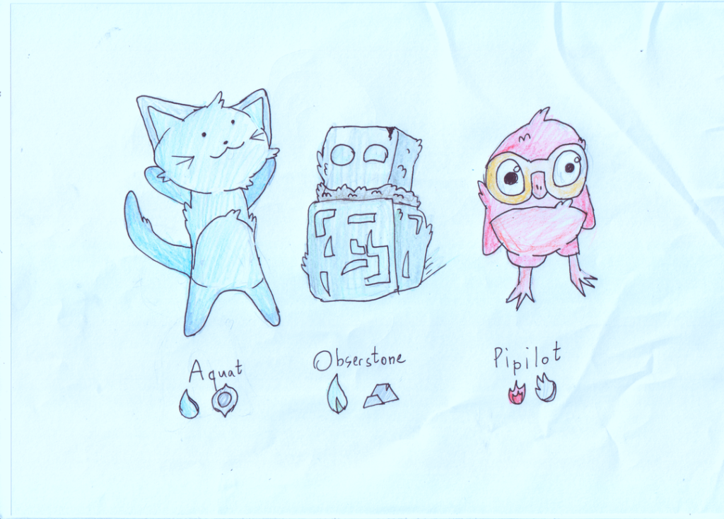 Sketches of my game's starters with very bad quality bcs of the scanner