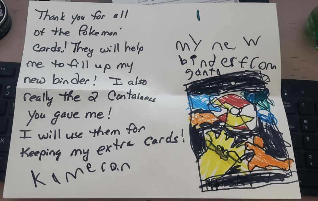I handed put some Pokémon cards to neighborhood kids around Christmas. Today this was in my mailbox