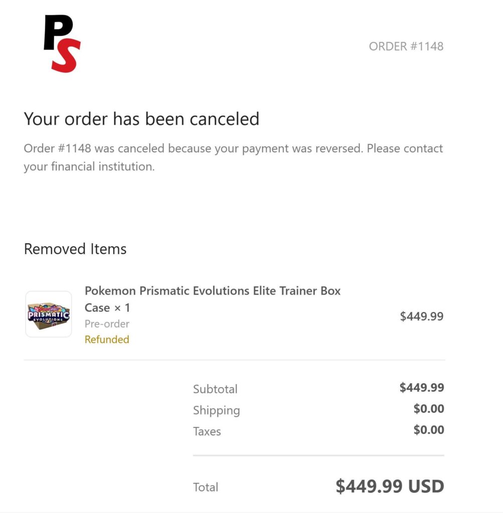 PSA POKESAMA WEBSITE CANCELLING ORDERS - NOT A HONEST BUSINESS