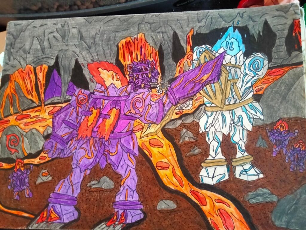 A rock/fire Golett/Golurk regional variant I drew up as practice. :)