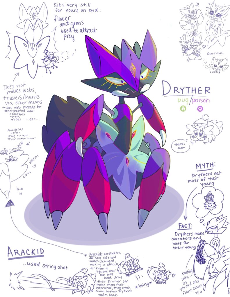 Meet Dryther, the spider parent pokemon that defies common tropes regarding spider pokemon family relationships (ft. Arackid)