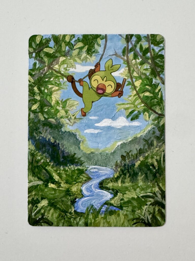A card of Grookey that I painted with acrylics