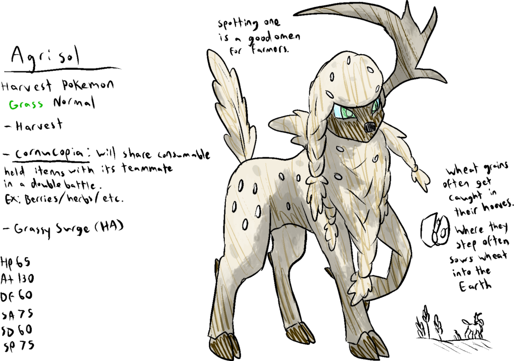 Convergent Absol; Agrisol. Based off of the goddess Demeter/Ceres and is an inverse to Absol being a bad omen. Antler works as a farming sickle. It's a deer as opposed to Absol being... some cat thing??? What do you think?