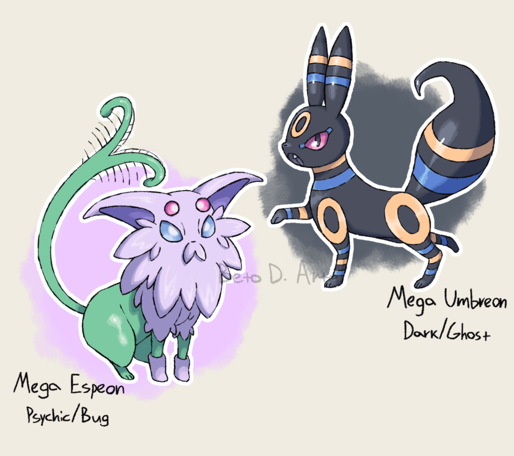 tried to come up with a mega concept for pre existing eeveelutions where the remaining types are the secondary ones - PART 2 (thank you guys so much for all the feedback on the first one)