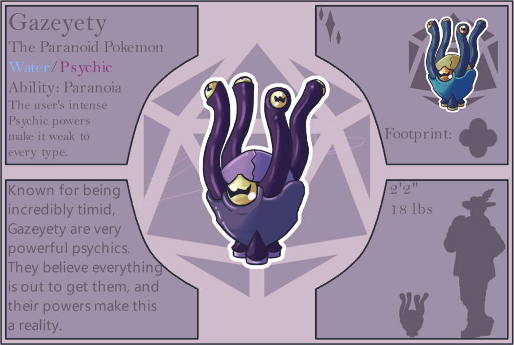 Gazeyety, the Paranoid Pokemon! Based on Gazers from DND, octopi, and anemones. Don't worry, it gets stronger when it evolves!
