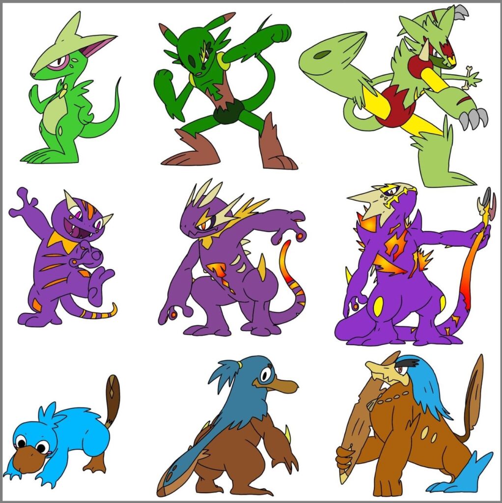 The starters I made for my Australian Pokemon region