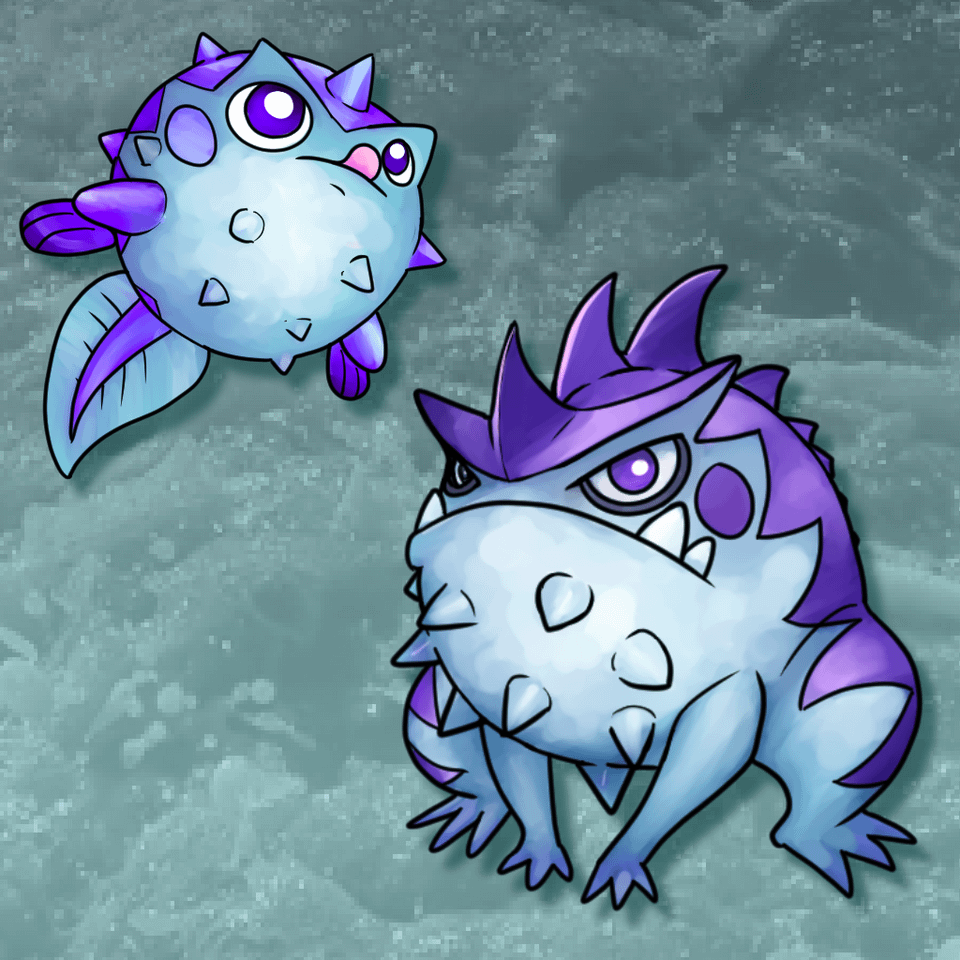 Pinpuff and Gulpoof, Ice-Poison Fakemon by 67chrome