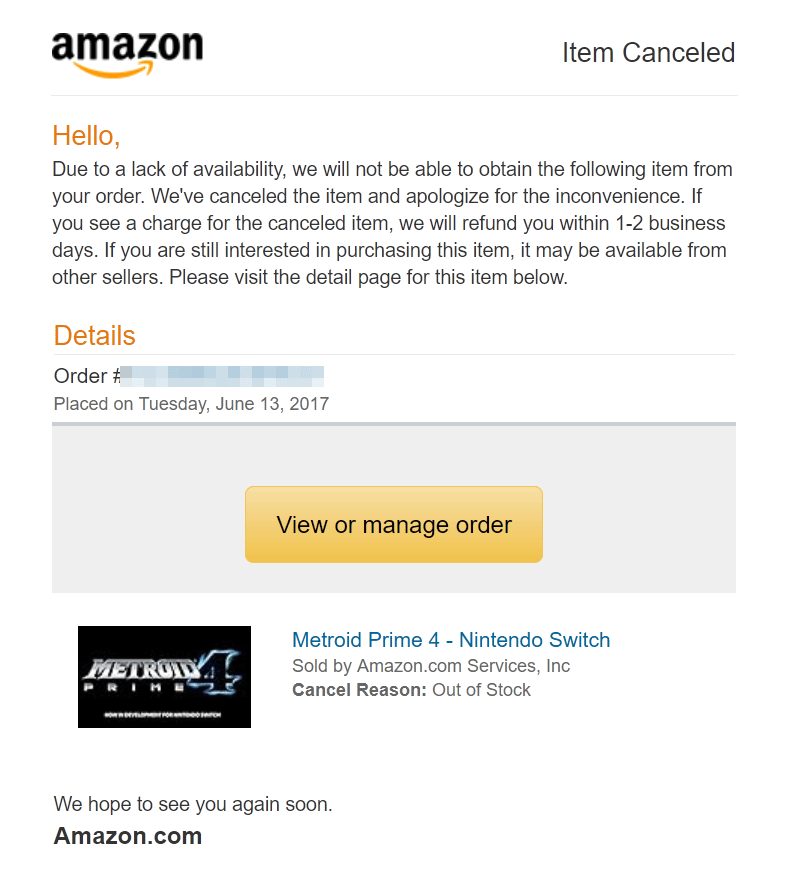 After 7 long years of waiting, my Metroid Prime 4 pre-order from June 13, 2017 just got cancelled